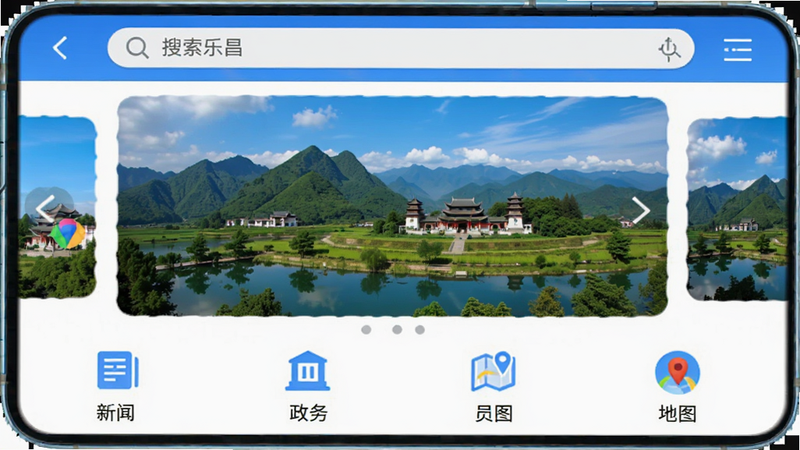 清和乐昌安卓应用主界面预览,展示顶部搜索栏、中间轮播图展示乐昌风景、底部功能网格图标包括新闻、政务、地图,UI风格清新简洁,蓝色为主色调,高清,无多余元素