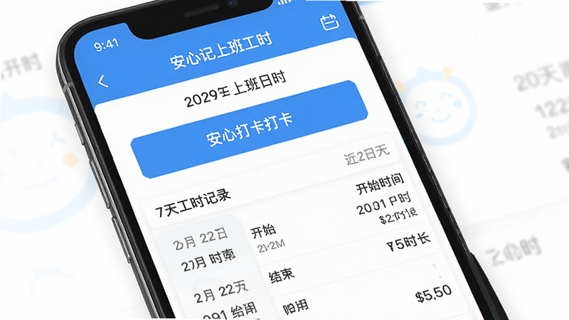 ����Ϊ�ֻ���Ļ���棬չʾ�����ļ��ϰ๤ʱ��App�������棬����������������ʾ��ǰ���ڣ��м�Ϊ��Ŀ�Ĵ򿨰�ť���·��г���7��Ĺ�ʱ��¼�б����������ڡ���ʼʱ�䡢����ʱ�估�ۼ�ʱ�������Ϊ��ƽ����ƣ���ɫ��ɫ����ϸ�ڴ����ּ�����õ��ص㣬���ʸ��壬�ɾ��޶���Ԫ��
