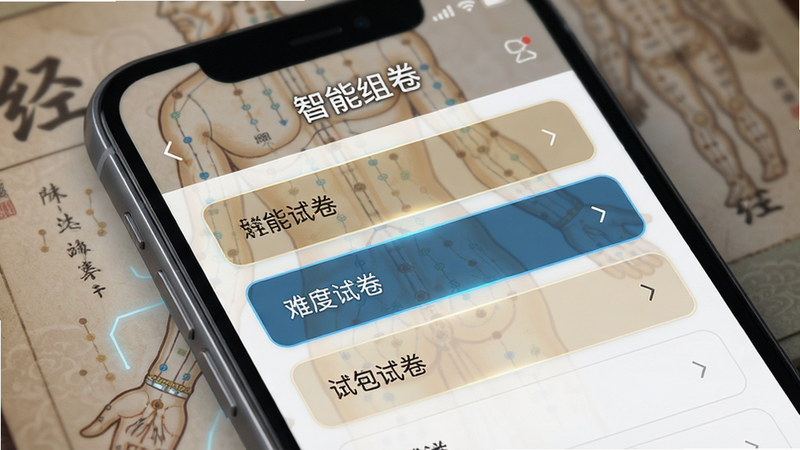 手机屏幕特写,显示“智能组卷”页面,列表形式展示不同难度的试卷选项,背景隐约可见中医经络图,布局整齐,文字清晰,风格科技感与传统文化结合,画质细腻,无杂乱背景