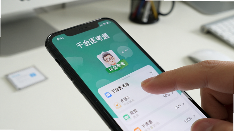 手机侧面特写,显示屏幕亮度适中,背景为简洁的办公桌面,主体为“千金医考通”APP运行状态,布局聚焦于屏幕内容,风格写实摄影,细节处可见手指轻触屏幕,画质真实,无杂乱物品