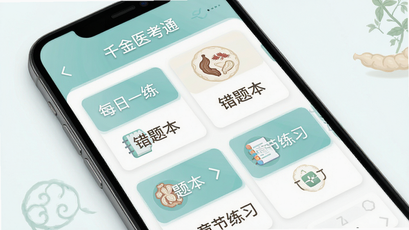 主体为智能手机屏幕显示“千金医考通”APP界面,布局清晰展示首页核心功能模块如“每日一练”、“错题本”、“章节练习”,排版简洁现代,采用中医特色的淡青色与白色为主色调,风格扁平化且专业,细节处体现中医药材元素图标,画质高清,干净无多余元素