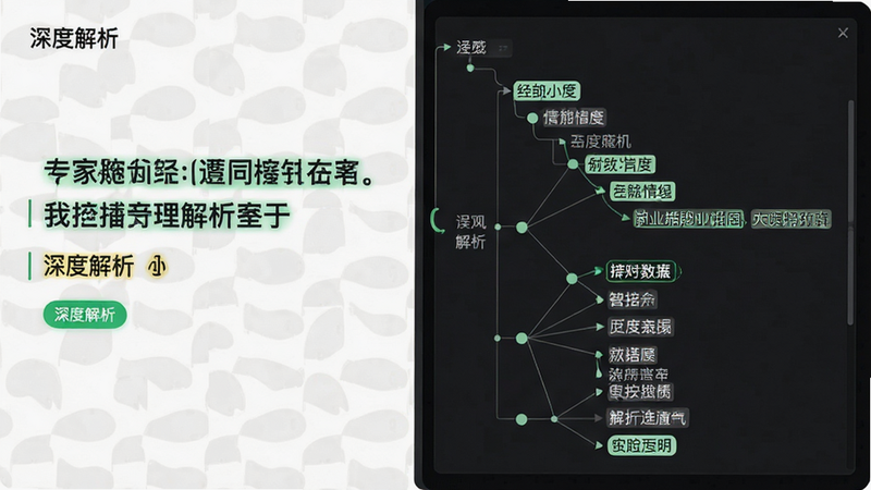 展示“深度解析”界面,左侧为题目,右侧展开详细的解析树状图,布局左右分栏,排版逻辑性强,风格极简主义,细节处强调重点字词高亮,画质清晰,无装饰性噪音
