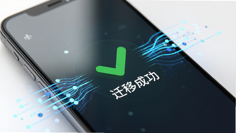 一部手机的特写,屏幕显示“迁移成功”的绿色对勾图标,周围环绕着表示数据流动的线条,背景为柔和的白色,风格清新,细节精致,画质清晰,无多余装饰