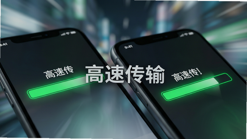 特写镜头展示两部手机屏幕,屏幕上显示数据传输进度条,进度条为明亮的绿色,背景虚化,突出速度感,文字标注“高速传输”,风格现代简约,细节锐利,画质极高,无杂乱背景