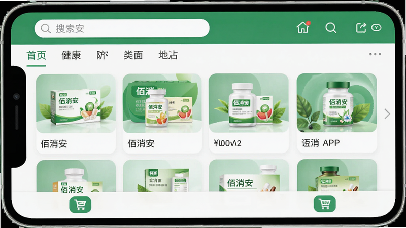 ����Ϊ������APP�ֻ������ͼ������������������ʾ�������뵼���˵����в�չʾ������Ʒ�������񣬵ײ�Ϊ���ﳵͼ�꣬������ִ���ϸ�ڰ���ҩƷ��װ����ɫ����Ԫ�أ����ʸ��壬�ɾ��޶���Ԫ�أ����֡��������������ɼ�