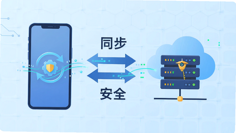 展示 QIDI Maker 云端同步功能的插画,左侧为手机图标,右侧为云端服务器图标,中间有双向箭头连接,背景为浅蓝色科技网格,主体突出“同步”与“安全”概念,布局平衡,排版清晰,风格扁平化,细节体现数据流动的光效,画质高清,干净,无多余元素