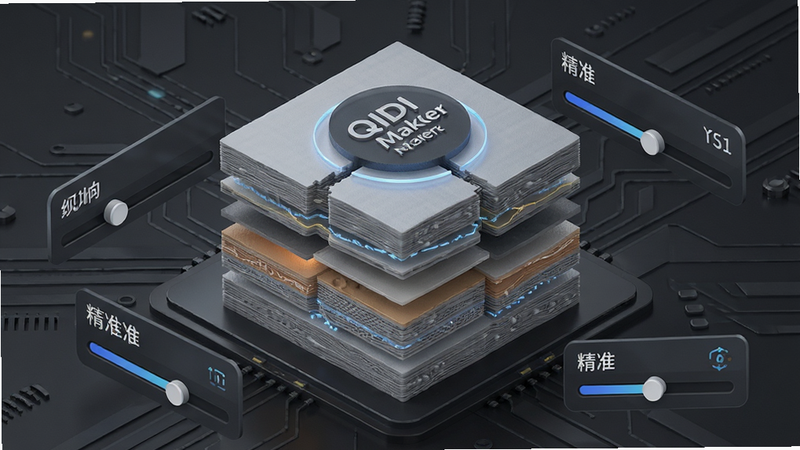 QIDI Maker 智能切片过程示意图,中心是一个正在被水平分割成层的3D模型,周围环绕着参数调节滑块图标,背景为深灰色科技风,主体突出“智能”与“精准”,布局紧凑,排版有序,风格写实与抽象结合,细节展示切片层的厚度变化,画质锐利,干净,无多余元素