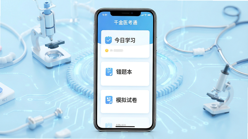 一张高清手机应用界面展示图,主体为“千金医考通”APP首页,背景为干净的浅蓝色医学科技风格,界面中央清晰显示“今日学习”、“错题本”、“模拟试卷”三个核心模块卡片,字体清晰锐利,布局规整,无多余装饰,4k画质,极简主义风格
