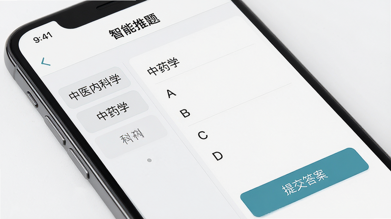 手机屏幕特写,显示“千金医考通”APP内的“智能推题”界面,背景为白色,界面左侧列出“中医内科学”、“中药学”等科目标签,右侧显示一道典型的单项选择题,选项A、B、C、D排列整齐,底部有“提交答案”按钮,界面简洁现代,UI设计专业,高清细节