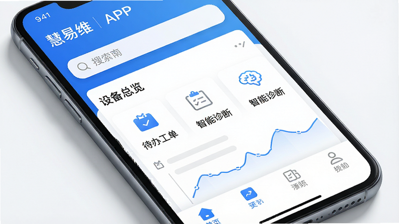 主体为一张高清的智能手机屏幕特写,手机界面显示“慧易维”APP首页,布局清晰,顶部为搜索栏,中部为“设备总览”、“待办工单”、“智能诊断”三个核心功能入口,底部为导航栏,风格为极简商务蓝白配色,细节处有柔和的阴影效果,画质4k,干净,无多余元素