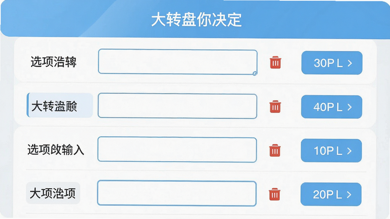生成一张展示“大转盘你决定”APP自定义设置界面的UI设计图。主体为列表形式的选项编辑页,每一行包含一个选项名称和删除图标。布局整齐,左侧为输入框,右侧为操作按钮。风格为简约商务风,配色以白色和浅蓝色为主。细节展示清晰的字体排版和间距,体现易用性。画质4k,无多余背景干扰。