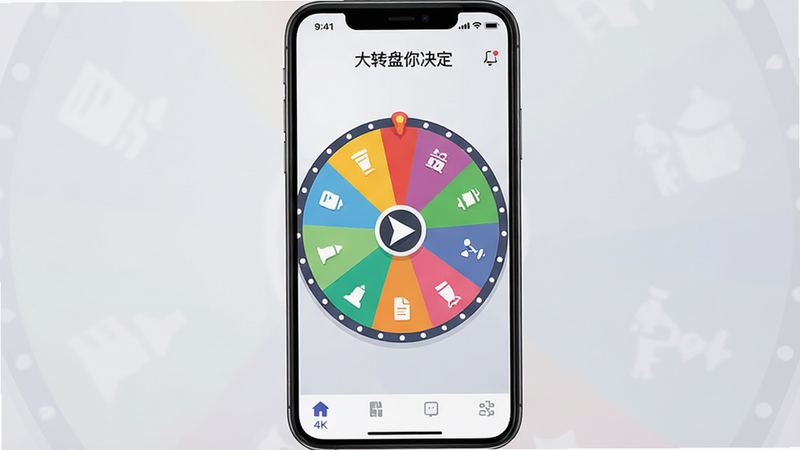 生成一张高保真手机应用界面图,主体为“大转盘你决定”APP首页。布局中心是一个色彩鲜艳的大转盘,转盘被分割成多个不同颜色的扇形区域,每个区域有简单的图标或文字。转盘中心有一个明显的指针。背景为柔和的浅灰色渐变,营造干净、现代的UI风格。细节处展示手机状态栏、底部导航栏,图标清晰。画质4k,无多余装饰,风格扁平化设计,清晰展示软件核心功能。