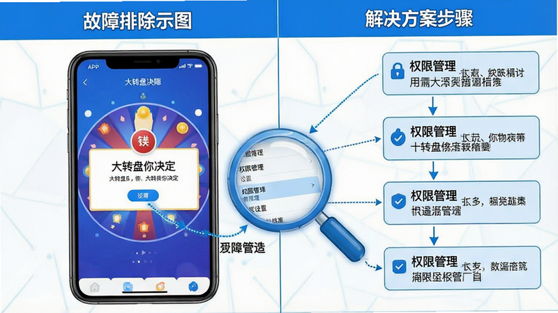生成一张故障排除示意图,主体为手机屏幕显示“大转盘你决定”APP的错误提示界面,旁边有一个放大镜图标指向设置菜单中的“权限管理”选项。布局为左右分栏,左侧为问题描述,右侧为解决方案步骤。风格为教程图解风,线条清晰,色彩以蓝白为主。细节展示具体的点击路径和选项名称。画质高清,逻辑清晰。