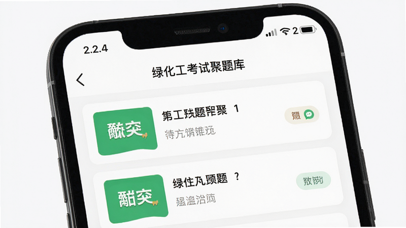 主体为手机屏幕特写,展示“绿化工考试聚题库”APP界面,布局清晰,顶部显示版本号2.2.4,中间为刷题列表,风格现代简约,扁平化设计,细节丰富,高画质,干净背景,无多余元素