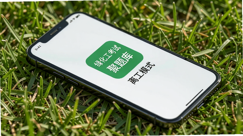 主体为手机放置在户外草地上,屏幕显示“绿化工考试聚题库”离线模式图标,布局自然,排版随意但整洁,风格清新自然,细节展示手机边框与草地纹理,高画质,阳光照射,无阴影杂乱
