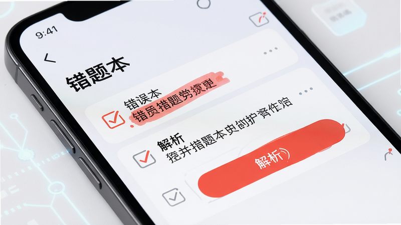 主体为手机界面截图,突出显示“错题本”模块,布局突出红色标记的错误题目,排版简洁,风格科技感,细节展示勾选框与解析按钮,高画质,清晰锐利,无干扰元素