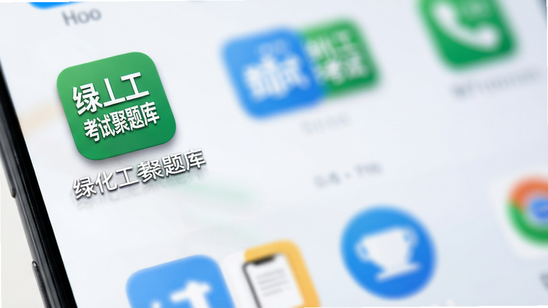 主体为安卓手机桌面,图标显示“绿化工考试聚题库”,布局整洁,排版有序,风格现代UI,细节展示图标阴影与字体,高画质,清晰,无多余图标