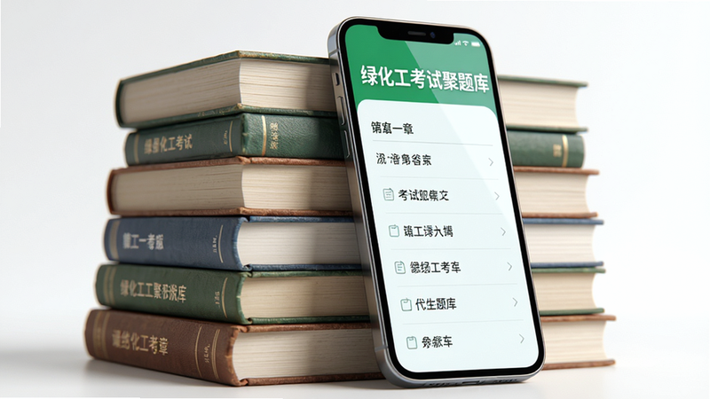 主体为书籍堆叠与手机屏幕融合画面,手机屏幕显示“绿化工考试聚题库”章节列表,布局立体,排版整齐,风格写实与数字结合,细节展现书籍纹理与屏幕光泽,高画质,明亮色调,无杂乱背景