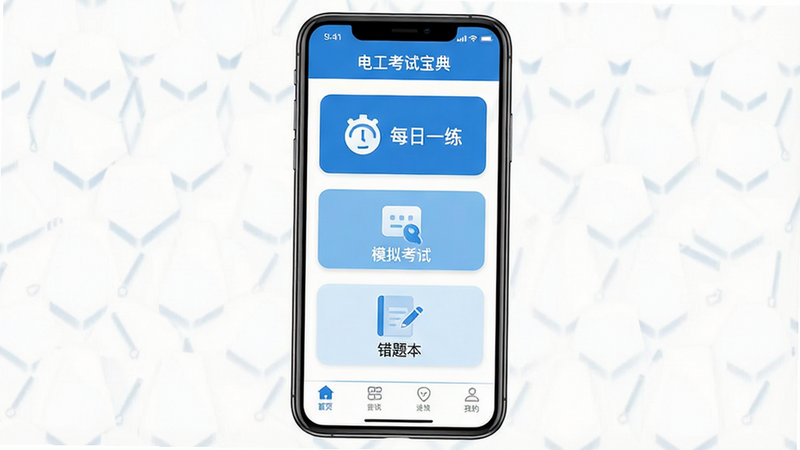 һ�Ÿ����ֻ�Ӧ�ý���չʾͼ������Ϊ���繤���Ա��䡱App��ҳ���������࣬������ʾ�������ƣ��м��С�ÿ��һ��������ģ�⿼�ԡ��������Ȿ��������ͼ�꣬�ײ��е�����������ƽ����ɫ���ԿƼ����Ͱ�ɫΪ����ϸ�����������ʸߣ��ɾ��޶���Ԫ��