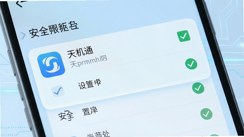 一张手机设置界面的示意图,展示权限管理页面,'天机通'应用被高亮显示,权限项勾选清晰,背景为浅蓝色科技风,强调安全与配置,无其他无关应用干扰,画质清晰