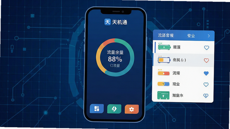 一张扁平化风格的软件界面展示图,主体为手机屏幕,显示'天机通'APP的主界面,背景为深蓝色科技网格,屏幕中央有清晰的流量余量环形图表和套餐列表,顶部显示'天机通'Logo,底部有三个主要功能按钮,整体风格干净现代,无多余装饰元素,高清矢量质感