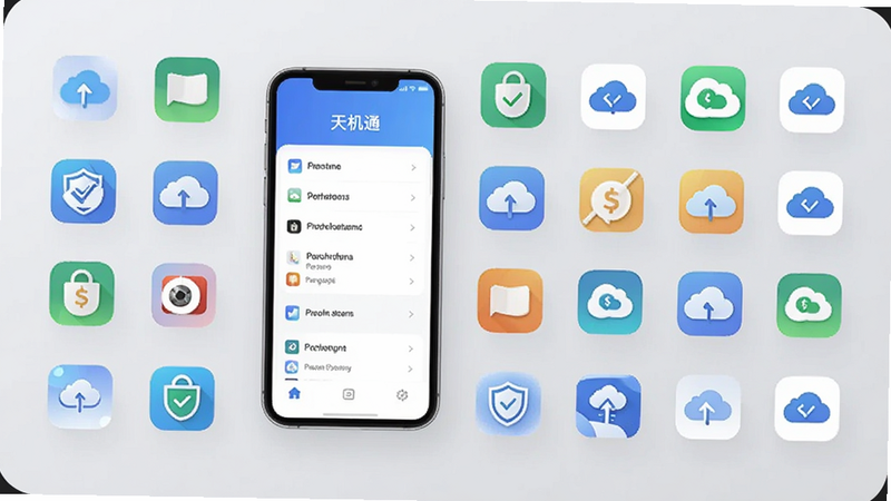 一张概念图,手机旁边环绕着各种APP图标和云服务图标,象征权益管理,手机屏幕上显示'天机通'的权益列表界面,图标排列整齐,背景为柔和的浅灰色,体现秩序感和安全感,无杂乱线条