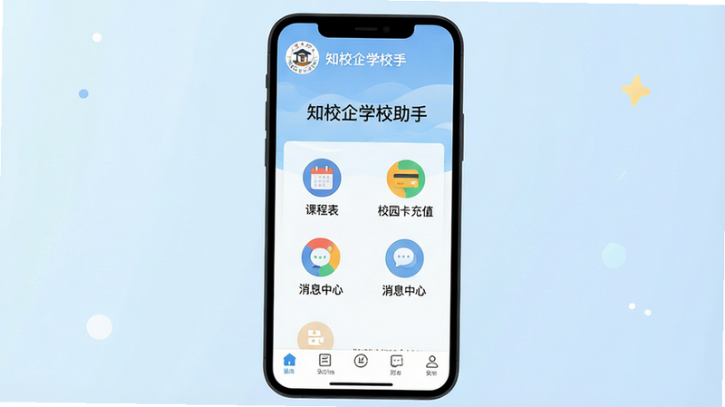 һ�Ÿ����ƽ�������ֻ�Ӧ�ý���չʾͼ������Ϊ��֪У��ѧУ���֡�APP��ҳ���������࣬������ʾѧУLogo�ͻ�ӭ��в��������γ̱�������У԰����ֵ��������Ϣ���ġ��Ⱥ��Ĺ���ͼ�꣬�ײ�Ϊ������������Ϊ����ɫ���䣬���������ɼ����޶���װ��Ԫ�أ�����8K���ɾ���ˬ