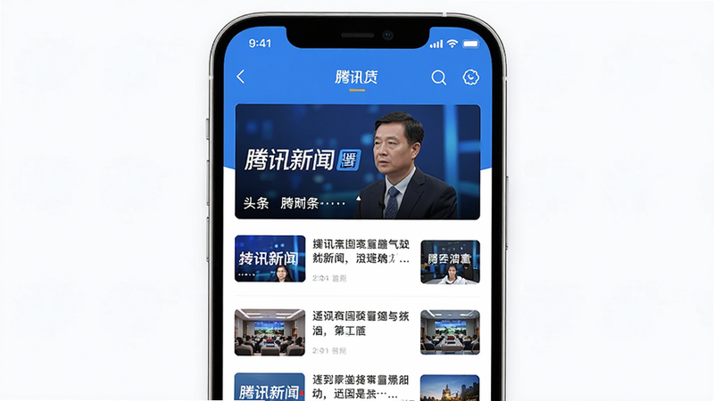 主体为腾讯新闻APP的手机屏幕界面,布局展示首页信息流,排版清晰包含头条大图与列表,风格简约现代蓝白配色,细节包含新闻标题与缩略图,画质高清干净,无多余元素