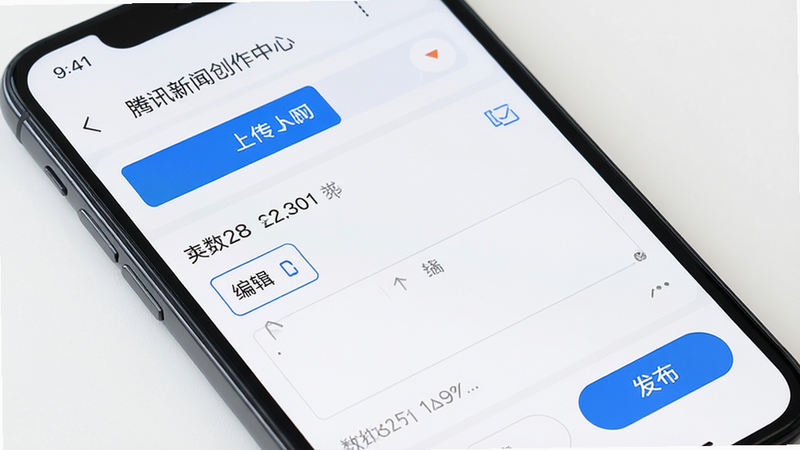 主体为手机屏幕,展示腾讯新闻创作中心界面,布局包含上传按钮与编辑框,排版简洁,风格专业,细节包含字数统计与发布按钮,画质清晰,无多余元素