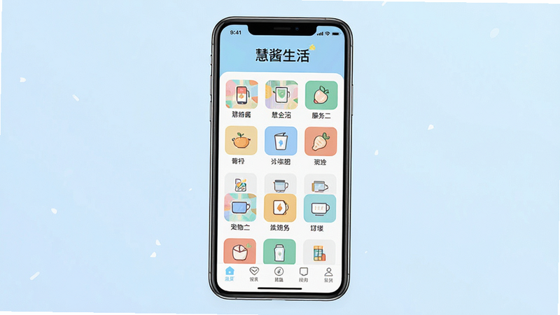 一张展示“慧酱生活”APP界面全貌的高清宣传图,主体为手机屏幕居中显示,界面顶部显示“慧酱生活”Logo,中间部分展示分类清晰的服务图标网格,底部为导航栏,背景为柔和的浅蓝色渐变,风格扁平化,简洁现代,无多余装饰元素,文字清晰可读,画质高清,干净利落