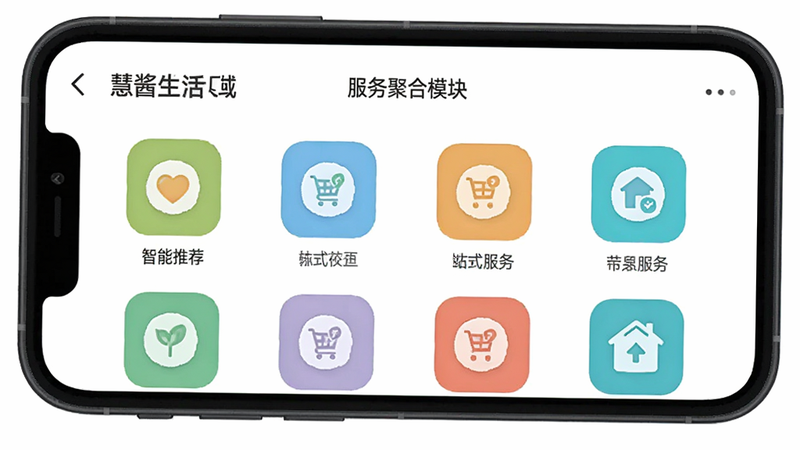 展示“慧酱生活”APP中服务聚合模块的界面截图,重点突出智能推荐区域,图标排列整齐有序,色彩搭配清新,体现“一站式服务”的概念,手机边框为深灰色,背景为纯白,细节处体现图标的高清晰度,风格极简,无杂乱元素,文字标注清晰