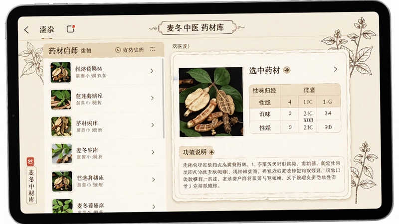 ����Ϊƽ�������Ļ����ʾ����ҽAPP��ҩ�Ŀ�ҳ�棬���Ϊҩ���б����Ҳ�Ϊѡ��ҩ�ĵ���ϸ��Ϣ��Ƭ����������ҩ��ͼƬ����ζ�龭���񡢹�Ч˵�����������룬����Ϊ����ɫ�������ӵ��ţ�ϸ�ڴ�����ҽ�����ͼ�������������ɾ����޶���Ԫ��