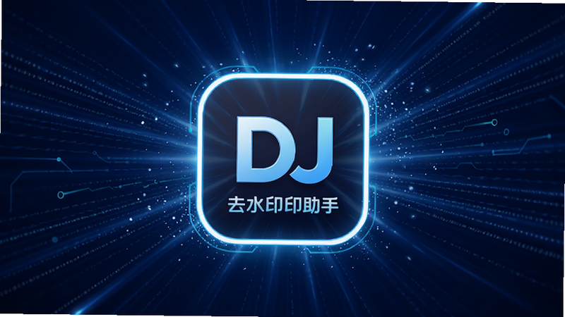 主体为蓝色科技背景上的速度光效线条,中央悬浮DJ去水印助手图标,布局为放射状动态线条,排版居中突出,风格为科技感流光,细节包括粒子效果与高亮边框,画质清晰,干净,无多余元素
