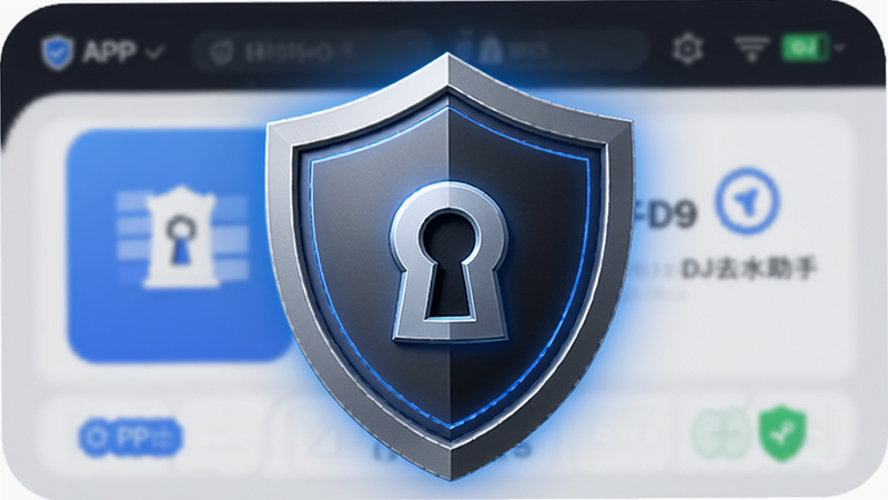 主体为盾牌形状的安全图标,覆盖在DJ去水印助手APP界面之上,布局为前景盾牌背景APP,排版层次分明,风格为商务安全风,细节包括锁孔图案与蓝色光晕,画质精致,干净,无多余元素