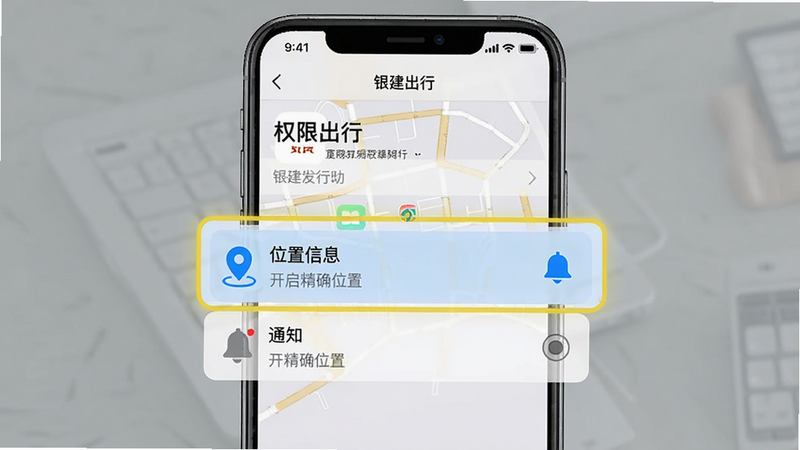 一张手机设置界面的示意图,显示“银建出行”应用的权限管理页面,重点高亮显示“位置信息”和“通知”选项,界面清晰,文字标注“开启精确位置”,风格写实,高清,干净