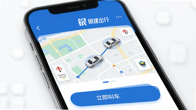 一张展示银建出行APP主界面的高清设计图,主体为手机屏幕居中显示,界面顶部显示“银建出行”Logo,中间是地图背景与车辆图标,底部是“立即叫车”大按钮,整体风格现代简约,蓝色为主色调,高清,干净,无多余元素