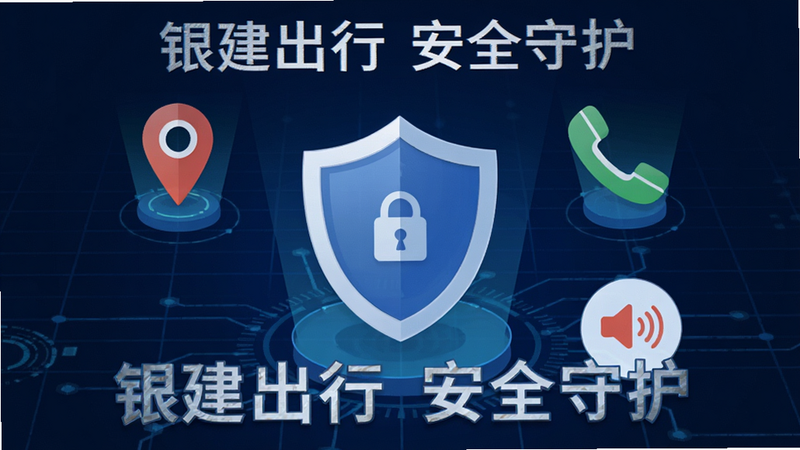 一张概念图,展示银建出行的安全保护功能,画面中心是一个盾牌图标,周围环绕着定位图标、电话图标和录音图标,背景为深蓝色科技感网格,文字标注“银建出行 安全守护”,风格扁平化,高清,细节丰富