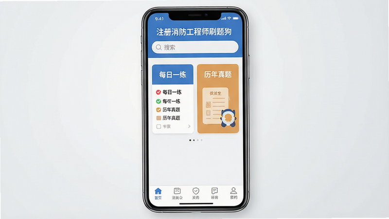 一张高清扁平化风格的移动端应用界面展示图,主体为手机屏幕,屏幕内显示“注册消防工程师刷题狗”应用首页,顶部有搜索栏,中部为“每日一练”和“历年真题”两个大卡片,底部是功能导航栏,背景为干净的浅灰色渐变,文字清晰,布局整齐,无多余装饰,画质细腻