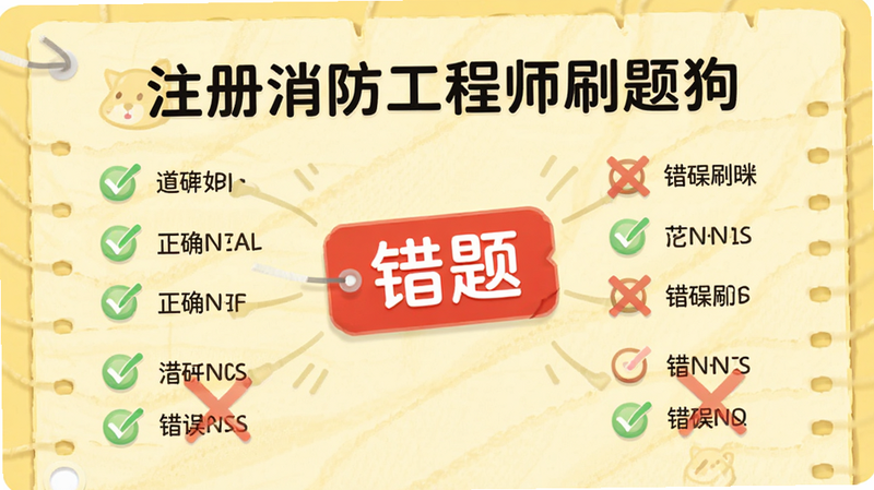 展示“注册消防工程师刷题狗”错题本界面的概念图,界面中央为一个红色的“错题”标签,周围环绕着打勾的正确选项和打叉的错误选项,背景为淡黄色纸张纹理,象征纸质笔记与电子数据的结合,风格简洁明快,细节清晰,无杂乱元素