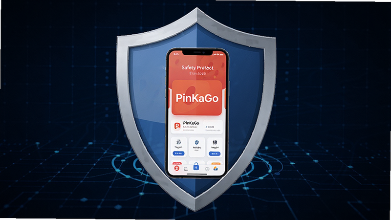一个盾牌图标保护着一部显示 PinKaGo 界面的手机,象征安全保护,背景为深蓝色科技网格,主体突出安全概念,布局居中,风格严谨专业,细节丰富,画质 4K,干净,无多余元素