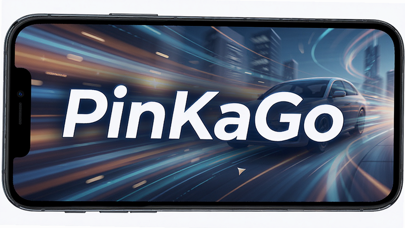手机屏幕显示 PinKaGo 正在高速运行的动态效果,背景为抽象的速度线条,主体突出应用的流畅性,文字“PinKaGo”清晰可见,布局动感,风格科技感,细节清晰,画质高清,干净,无多余元素