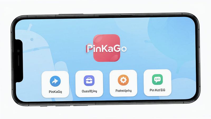 一张展示 PinKaGo 安卓应用主界面的高清预览图,主体为智能手机屏幕,屏幕中央显示 PinKaGo 的 Logo 和核心功能入口,背景为柔和的浅蓝色渐变,布局简洁现代,排版清晰,风格扁平化,细节精致,画质 4K,干净,无多余元素