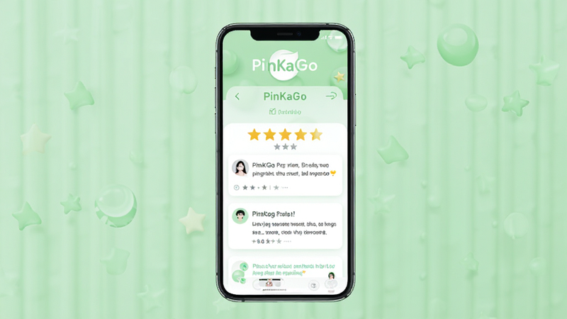 手机屏幕显示 PinKaGo 的用户评价界面,展示五星好评和正面评论,背景为柔和的绿色调,主体为手机,布局整齐,风格积极正面,细节丰富,画质清晰,干净,无多余元素