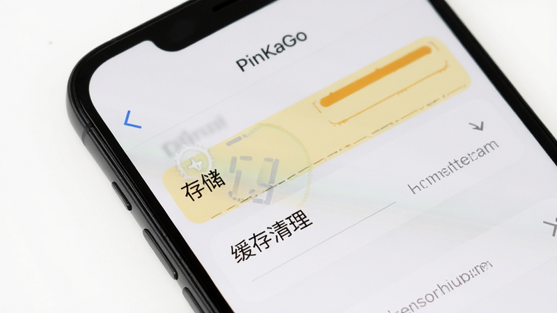 手机屏幕显示 PinKaGo 的设置界面,突出“存储”和“缓存清理”选项,背景为简单的白色背景,主体为手机,布局清晰,风格简洁,细节明确,画质高清,干净,无多余元素