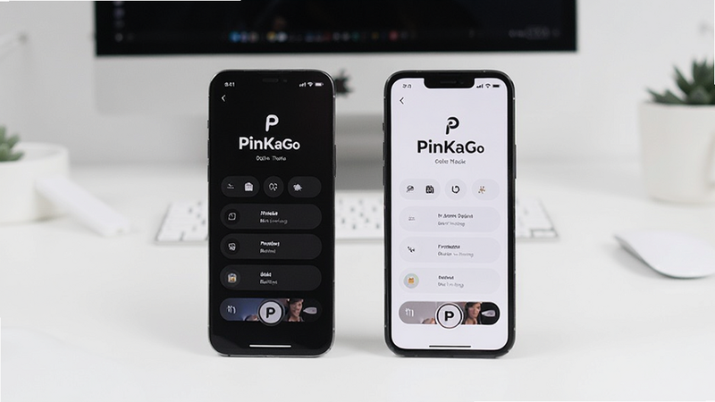 手机屏幕展示 PinKaGo 的深色模式和浅色模式对比界面,突出个性化设置选项,背景为简约的白色工作空间,主体为手机,布局对称,风格极简主义,细节柔和,画质清晰,干净,无多余元素