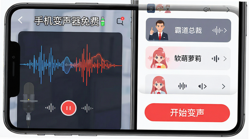 主体为手机变声器免费APP的高保真UI界面展示,布局清晰,左侧显示麦克风录音波形,右侧列出多种音色选项如“霸道总裁”、“软萌萝莉”,底部有醒目的红色“开始变声”按钮,排版简洁现代,扁平化设计风格,细节处体现声音波动的动态效果,画质8k高清,干净背景,无多余元素,文字清晰可读,包含