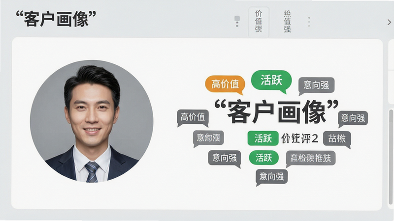 主体为客户画像详情页面,布局为左侧头像右侧属性标签云,排版层级分明,风格为专业商务灰,细节展示标签如