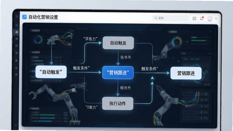 主体为自动化营销设置界面,布局为流程节点图,排版逻辑清晰,风格为简约科技风,细节展示触发条件与执行动作连线,画质高清,干净,无多余元素,文字加引号: