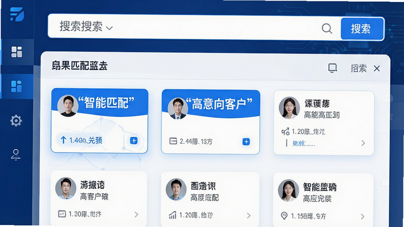主体为智能线索挖掘功能演示,布局为上方搜索框下方结果列表,排版简洁直观,风格为科技感蓝白配色,细节展示自动匹配的客户卡片,画质高清,干净,无多余元素,文字加引号: