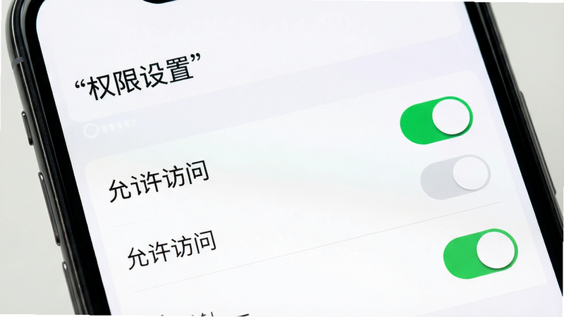 主体为手机端设置界面,布局为权限管理列表,排版清晰易读,风格为简洁UI设计,细节展示勾选状态与开关按钮,画质高清,干净,无多余元素,文字加引号: